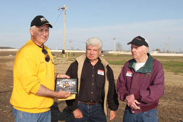 Brent Gibbons, left, formerly of Wallacburg, was inducted into the South Buxton Raceway Alumni Hall of Fame on Saturday, as he is pictured with fellow inductees Dennis Pook and Joe Atkinson, who built the track in 1971. Gibbons, who drove the No. 39 Hallmark Flyer, is one of South Buxton's most successful drivers with six season championships, including four in a row in the early 1980s - Photo by James MacDonald/SBR