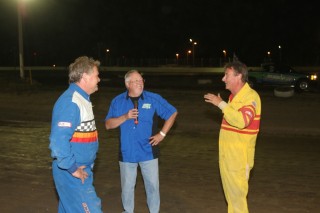  Rob Young, left, and track announcer Mike Bennett share a laugh with Steve Shaw - Submitted Photo