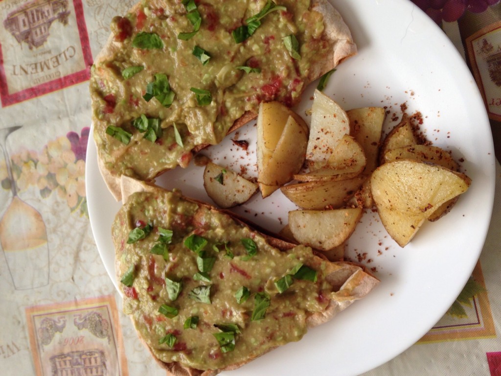 Pita bread with basil and guacamole