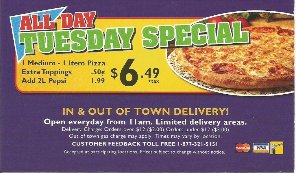 All Day Tuesday Special at Godfathers Pizza in Dresden!