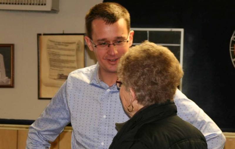 Monte McNaughton chatting with a local resident at his annual New Year's Levee at the Wallaceburg Legion (Linda Howlett)