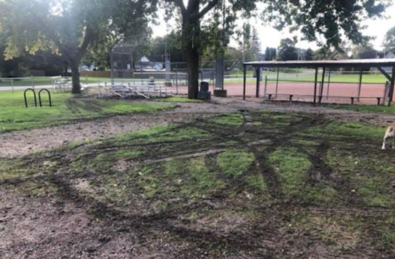 Grass torn up, graffiti spray painted at McVean Park in Dresden