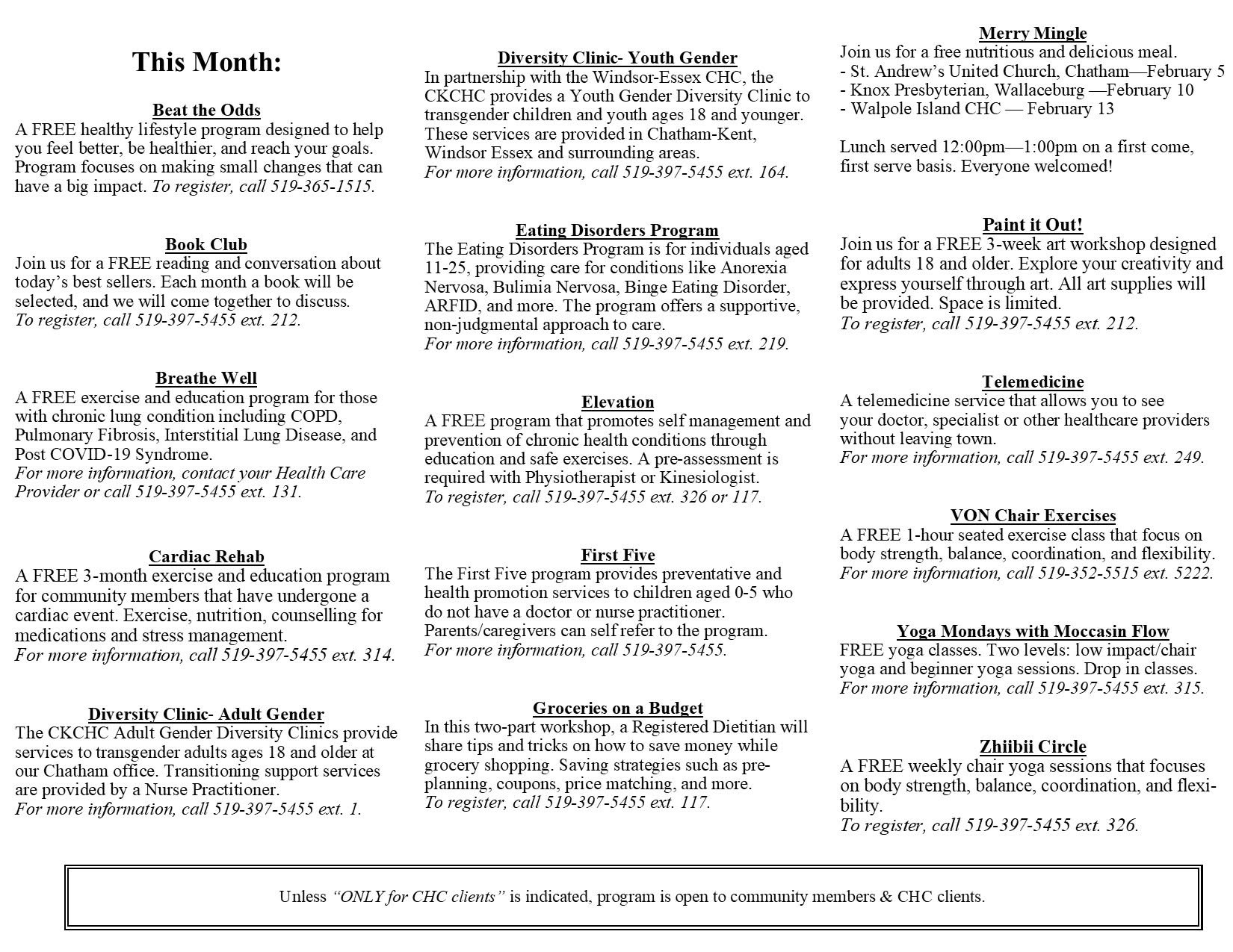 Chatham-Kent Community Health Centres February program calendar now ...